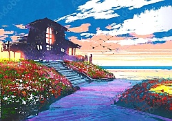 Постер Домик на цветущем берегу