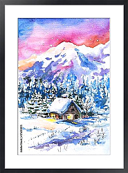 Постер Зимний пейзаж с избушкой в горах, акварель