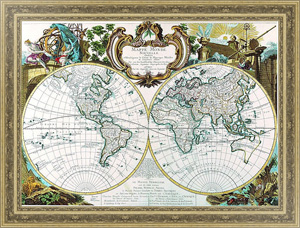 Постер-гравюра Карта мира с полушариями, 1744г.