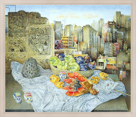 Картина для интерьера Still Life with Papaya and Cityscape, 2000