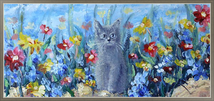Котенок на поле летних цветов маслом в раме