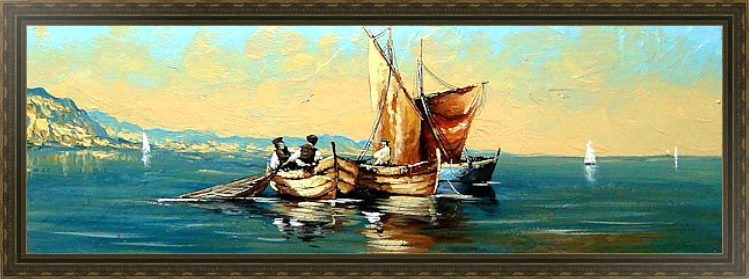 Картина Рыбаки с сетью в лодке в раме на холсте