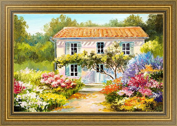Красивый дом с цветниками на холсте в раме