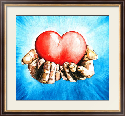 Постер с сердцем в руках в раме под стеклом