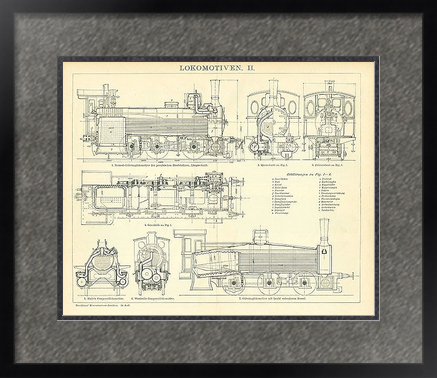 Схемы локомотивов, копия гравюры под стеклом