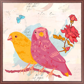 Постер в раме Винтажная открытка с птицами, розами и бабочкой