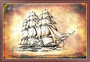 Постер для интерьера Античный корабль в море, рисунок ручной работы