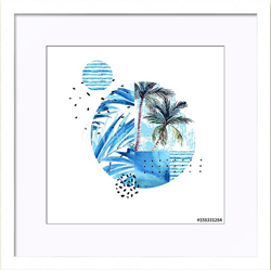 Постер в раме Акварельная композиция с пальмами и волнами