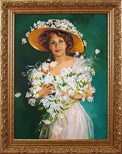 Женский портрет по фотографии с художественным фоном маслом на холсте в деревянной раме